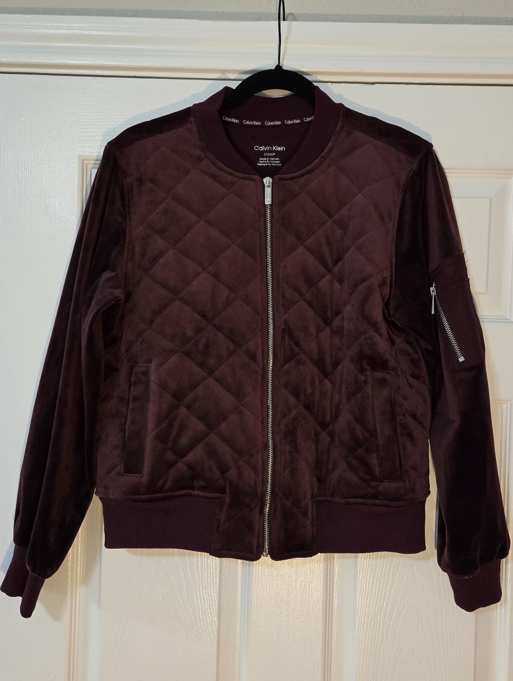 Calvin Klein Quilted Velvet Bomber Jacket - Burgundy
